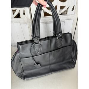 Vintage Gap Pebbled Black Leather Tote Tap Handle Bag Purple Floral Interior